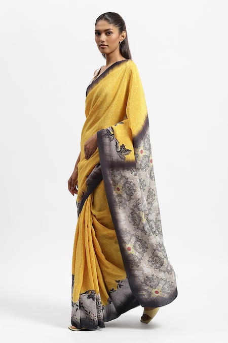 Satya Paul Yellow Silk Satin Floral Border Print Saree With Running Blouse Online at Aza Fashions Satya Paul_Yellow Silk Satin Floral Border Print Saree With Running Blouse _Online_at_Aza_Fashions