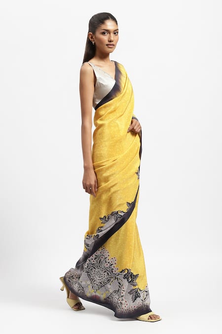 Buy Satya Paul Yellow Silk Satin Floral Border Print Saree With Running Blouse Online at Aza Fashions Buy_Satya Paul_Yellow Silk Satin Floral Border Print Saree With Running Blouse _Online_at_Aza_Fashions