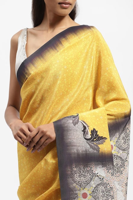 Shop Satya Paul Yellow Silk Satin Floral Border Print Saree With Running Blouse Online at Aza Fashions Shop_Satya Paul_Yellow Silk Satin Floral Border Print Saree With Running Blouse _Online_at_Aza_Fashions