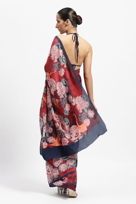 Shop Satya Paul Red Silk, Crepe Stolen Dessert Printed Saree With Running Blouse at Aza Fashions Shop_Satya Paul_Red Silk, Crepe Stolen Dessert Printed Saree With Running Blouse _at_Aza_Fashions