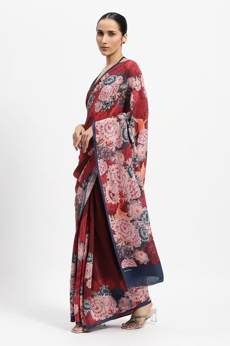 Satya Paul Red Silk, Crepe Stolen Dessert Printed Saree With Running Blouse Online at Aza Fashions Satya Paul_Red Silk, Crepe Stolen Dessert Printed Saree With Running Blouse _Online_at_Aza_Fashions