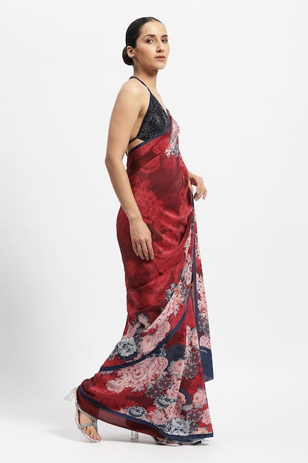 Buy Satya Paul Red Silk, Crepe Stolen Dessert Printed Saree With Running Blouse Online at Aza Fashions Buy_Satya Paul_Red Silk, Crepe Stolen Dessert Printed Saree With Running Blouse _Online_at_Aza_Fashions