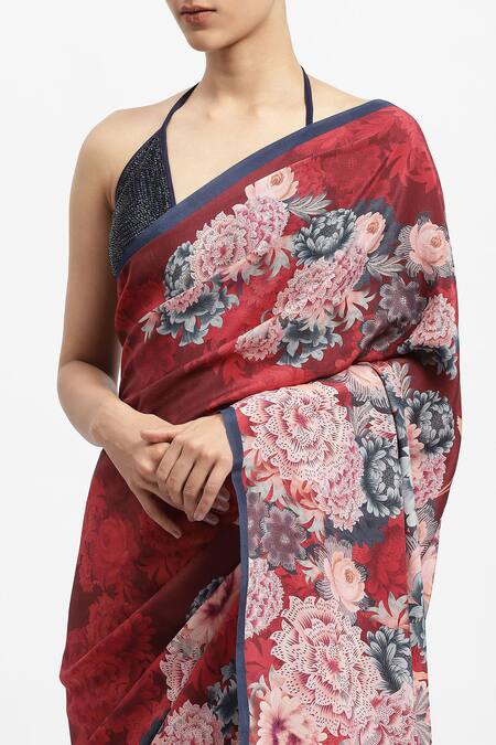 Shop Satya Paul Red Silk, Crepe Stolen Dessert Printed Saree With Running Blouse Online at Aza Fashions Shop_Satya Paul_Red Silk, Crepe Stolen Dessert Printed Saree With Running Blouse _Online_at_Aza_Fashions