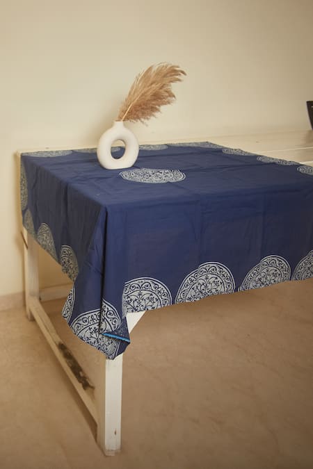 Inheritance India Blue 100% Cotton Block Print Table Cloth Online at Aza Fashions Inheritance India_Blue 100% Cotton Block Print Table Cloth_Online_at_Aza_Fashions