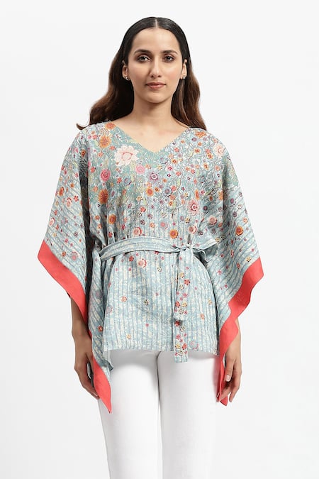 Satya Paul_Blue Linen Embroidery V-neck Spring Offering Printed Kaftan _Online_at_Aza_Fashions