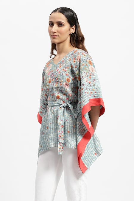 Buy_Satya Paul_Blue Linen Embroidery V-neck Spring Offering Printed Kaftan _Online_at_Aza_Fashions
