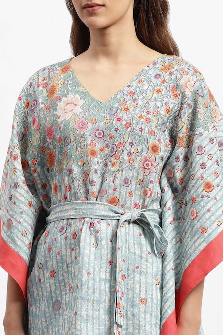 Satya Paul_Blue Linen Embroidery V-neck Spring Offering Printed Kaftan _at_Aza_Fashions