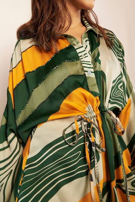 Babita Malkani_Green Silk Satin Collared Abstract Swerve Print Dress _Online_at_Aza_Fashions