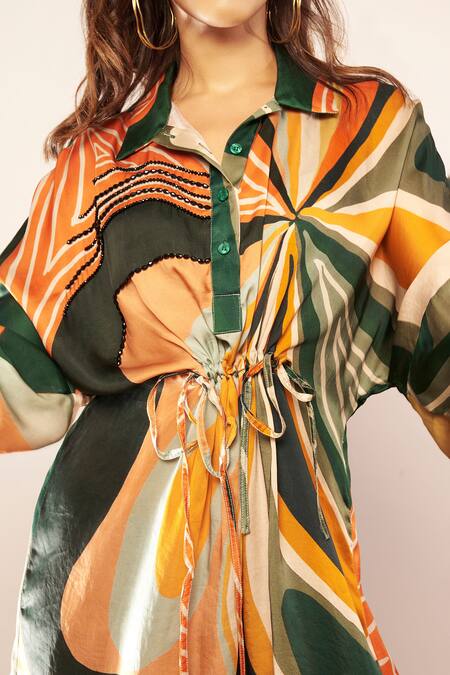 Babita Malkani_Green Silk Satin Collared Wave Bloom Print Dress _Online_at_Aza_Fashions