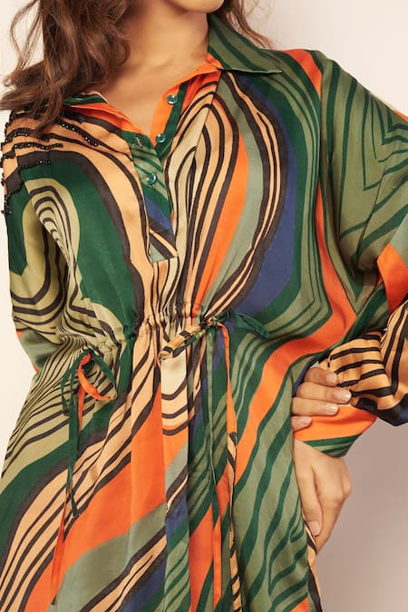 Babita Malkani_Green Silk Satin Collared Abstract Wave Print Dress _Online_at_Aza_Fashions