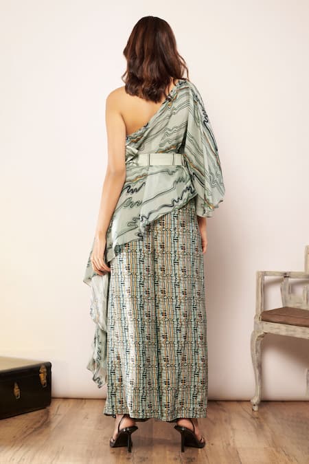Shop Babita Malkani Green Silk One Shoulder Coiled Graphic Print Top With Sash at Aza Fashions Shop_Babita Malkani_Green Silk One Shoulder Coiled Graphic Print Top With Sash _at_Aza_Fashions