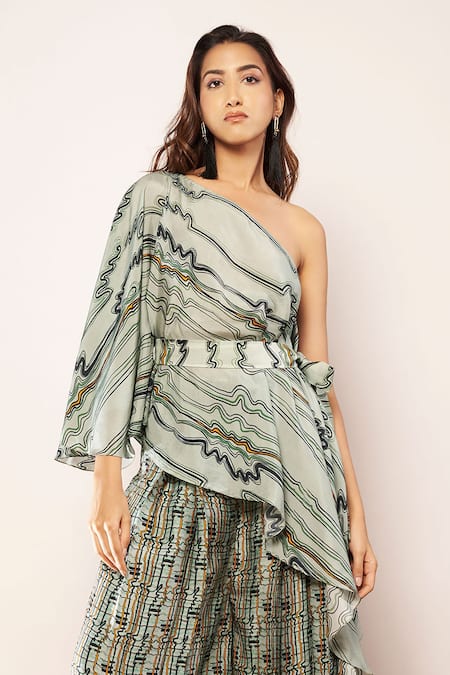 Babita Malkani Green Silk One Shoulder Coiled Graphic Print Top With Sash Online at Aza Fashions Babita Malkani_Green Silk One Shoulder Coiled Graphic Print Top With Sash _Online_at_Aza_Fashions