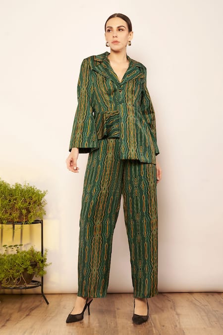 Babita Malkani Green Silk Abstract Ripple Print Asymmetric Blazer Top 
