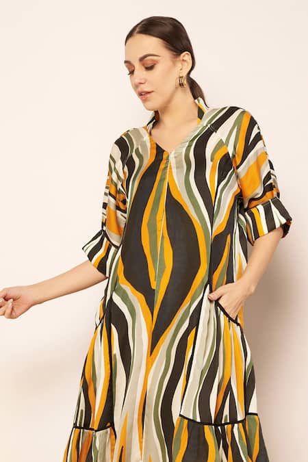 Babita Malkani_Ivory Satin Collared Flaming Wave Print Midi Dress _Online_at_Aza_Fashions