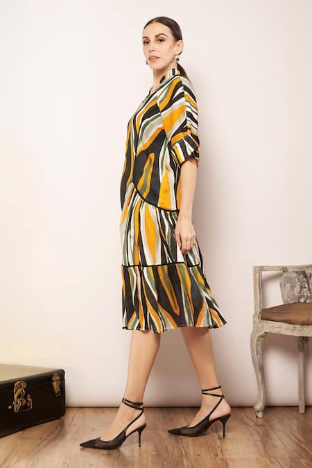 Buy_Babita Malkani_Ivory Satin Collared Flaming Wave Print Midi Dress _Online_at_Aza_Fashions