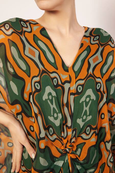 Babita Malkani_Green Organza V-neck Splash Dream Print Knotted Kaftan _Online_at_Aza_Fashions