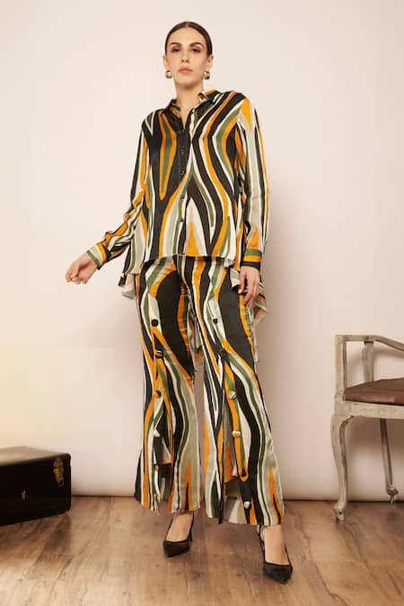 Babita Malkani Ivory Satin Print Ruffle Collar Neck High Low Shirt 