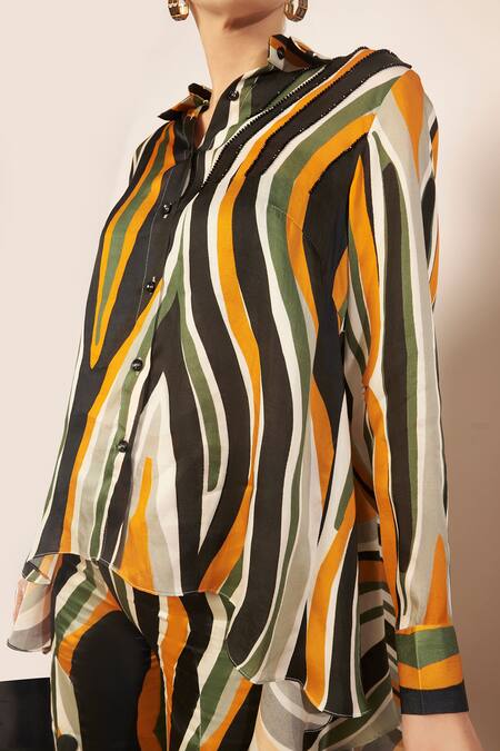 Babita Malkani_Ivory Satin Ruffles Collared Print High Low Shirt _Online_at_Aza_Fashions