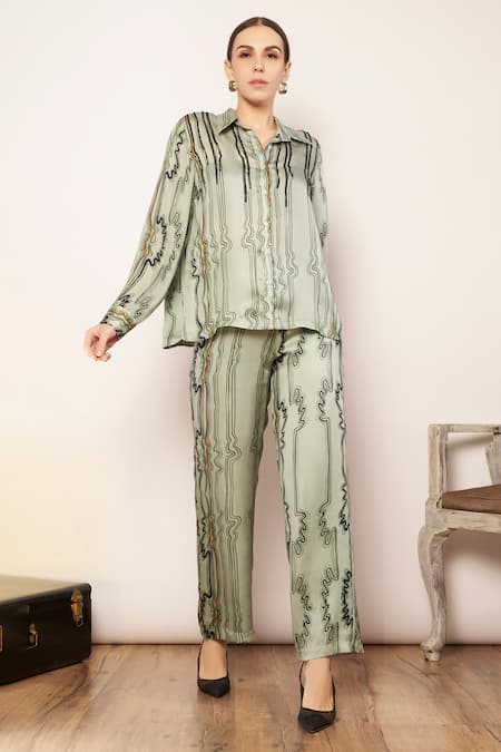 Babita Malkani Wave Stripe Print Button Down Shirt 