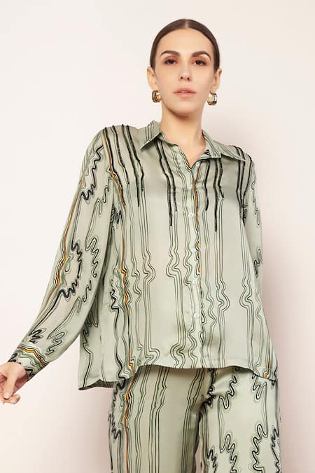 Babita Malkani_Green Satin Collared Wave Stripe Print Button Down Shirt _Online_at_Aza_Fashions