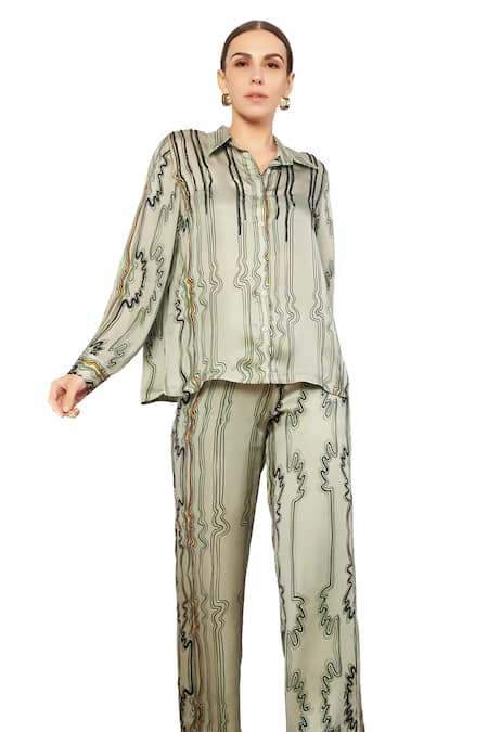 Buy_Babita Malkani_Green Satin Collared Wave Stripe Print Button Down Shirt _Online_at_Aza_Fashions