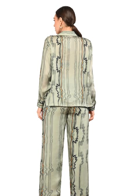 Shop_Babita Malkani_Green Satin Collared Wave Stripe Print Button Down Shirt _Online_at_Aza_Fashions