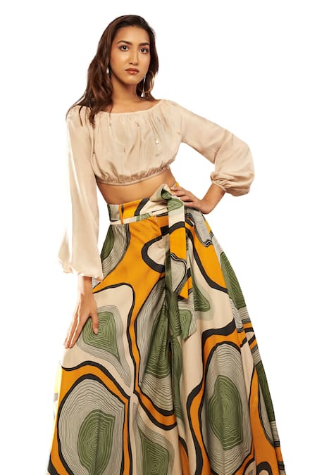 Babita Malkani_Ivory Abstract Print High Waisted Pant With Belt _Online_at_Aza_Fashions