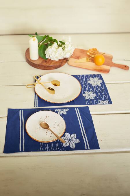 Shop Inheritance India Blue 100% Cotton Floral Blossom Print 4 Pcs Table Mats at Aza Fashions Shop_Inheritance India_Blue 100% Cotton Floral Blossom Print 4 Pcs Table Mats_at_Aza_Fashions