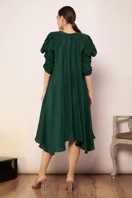 Shop Babita Malkani Green Crepe V-neck Asymmetric Embroidered Neckline Dress at Aza Fashions Shop_Babita Malkani_Green Crepe V-neck Asymmetric Embroidered Neckline Dress _at_Aza_Fashions