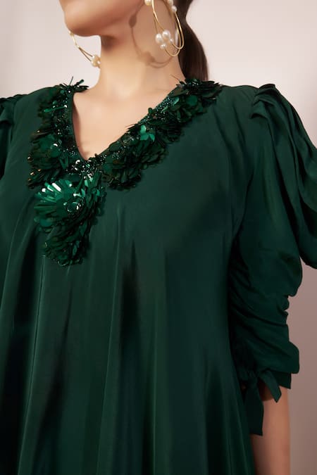 Babita Malkani Green Crepe V-neck Asymmetric Embroidered Neckline Dress Online at Aza Fashions Babita Malkani_Green Crepe V-neck Asymmetric Embroidered Neckline Dress _Online_at_Aza_Fashions