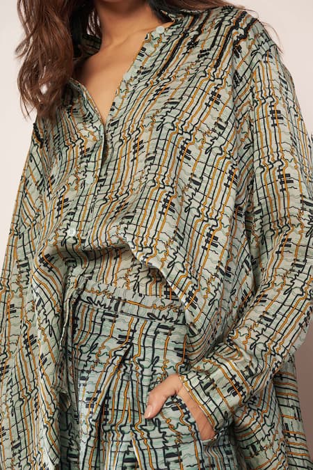 Babita Malkani_Green Satin Collared Abstract Print High Low Top _Online_at_Aza_Fashions