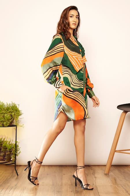 Buy_Babita Malkani_Green Satin Beads Collared Abstract Print Embroidered Overlay Dress _Online_at_Aza_Fashions