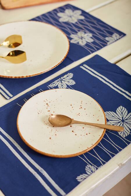 Inheritance India Blue 100% Cotton Floral Blossom Print 4 Pcs Table Mats Online at Aza Fashions Inheritance India_Blue 100% Cotton Floral Blossom Print 4 Pcs Table Mats_Online_at_Aza_Fashions