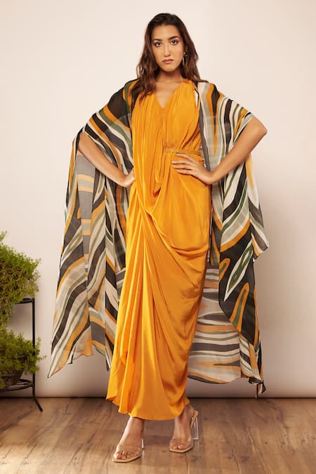 Buy_Babita Malkani_Yellow Crepe Embroidery V-neck Draped Dress With Belt _Online_at_Aza_Fashions