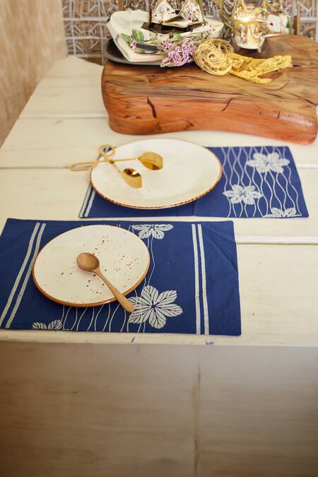 Shop Inheritance India Blue 100% Cotton Floral Blossom Print 4 Pcs Table Mats Online at Aza Fashions Shop_Inheritance India_Blue 100% Cotton Floral Blossom Print 4 Pcs Table Mats_Online_at_Aza_Fashions