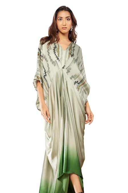 Buy_Babita Malkani_Green Satin V-neck Printed Kaftan Dress _Online_at_Aza_Fashions