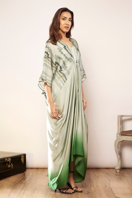 Shop_Babita Malkani_Green Satin V-neck Printed Kaftan Dress _Online_at_Aza_Fashions