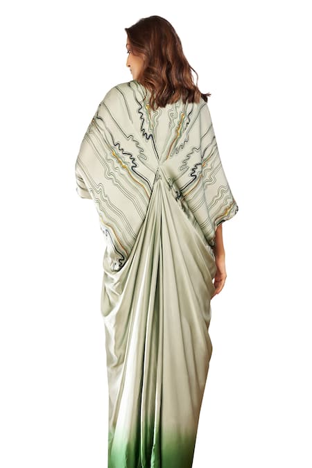 Babita Malkani_Green Satin V-neck Printed Kaftan Dress _at_Aza_Fashions