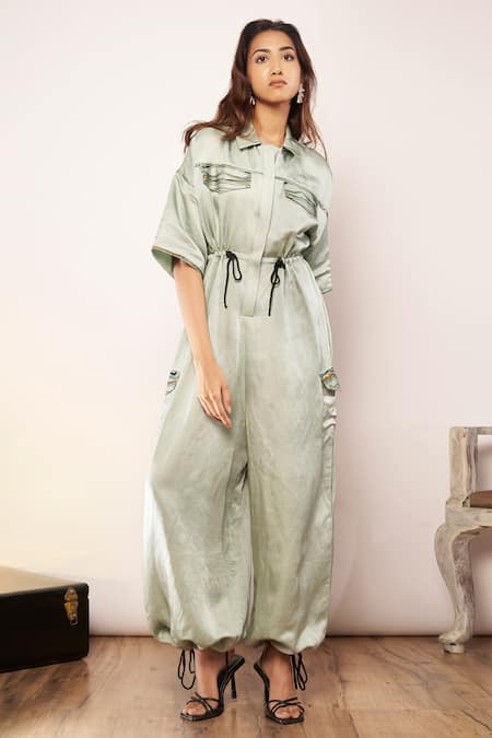 Babita Malkani Green Satin Collared Drawstring Jumpsuit 