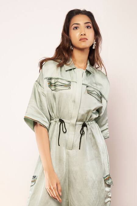 Babita Malkani_Green Satin Collared Drawstring Jumpsuit _Online_at_Aza_Fashions