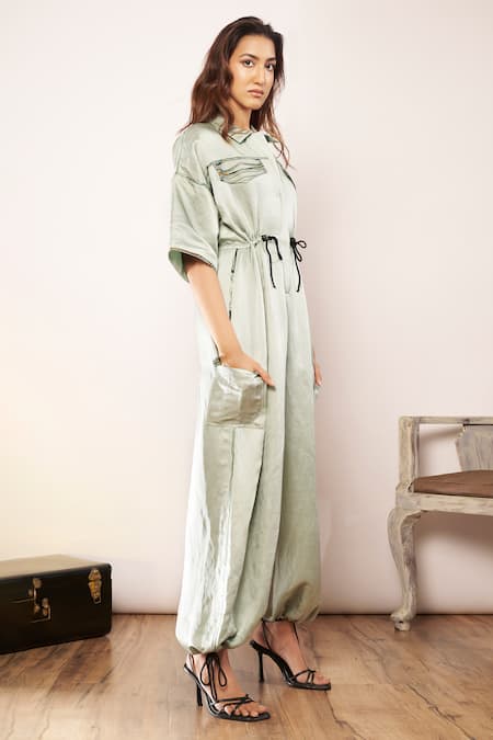 Buy_Babita Malkani_Green Satin Collared Drawstring Jumpsuit _Online_at_Aza_Fashions