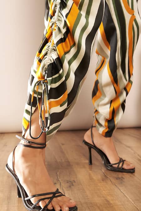 Babita Malkani_Black Satin Abstract Print Drawstring Pant _at_Aza_Fashions