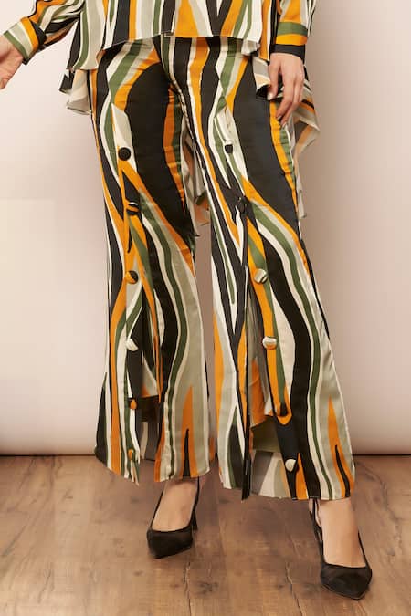 Babita Malkani_Black Satin Abstract Print Button Detail Pant _Online_at_Aza_Fashions