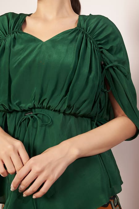 Babita Malkani_Green Crepe Sweetheart Neck Plain Ruched Top _Online_at_Aza_Fashions