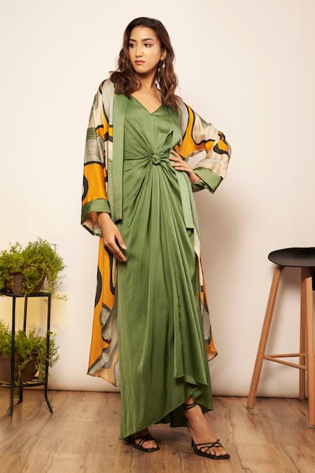Babita Malkani Green Satin V-neck Sleeveless Knotted Dress 