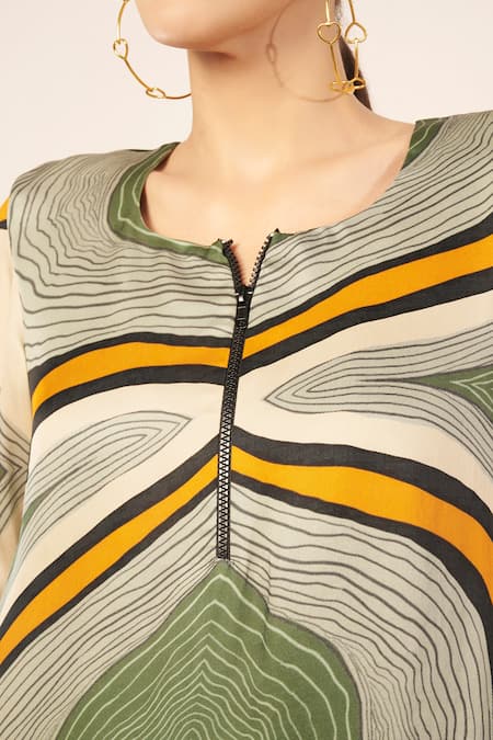 Babita Malkani_Ivory Satin Round Neck Leaf Print Dress _Online_at_Aza_Fashions