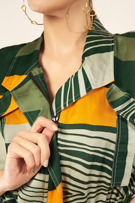 Babita Malkani_Green Satin Embroidery Collared Stripe Print Layered Jacket _Online_at_Aza_Fashions
