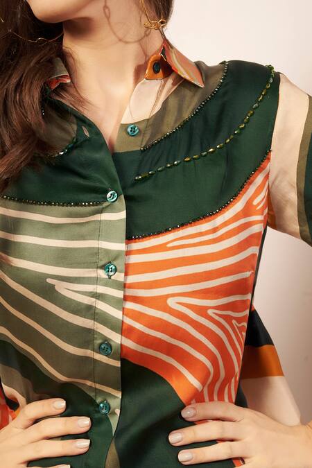 Babita Malkani_Green Satin Embroidery Collared Printed Layered Jacket _Online_at_Aza_Fashions