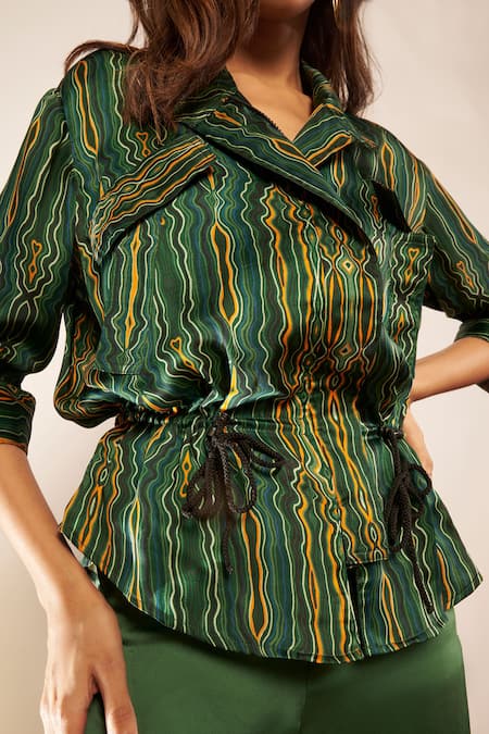 Babita Malkani_Green Satin Collared Wave Stripe Print Jacket _Online_at_Aza_Fashions