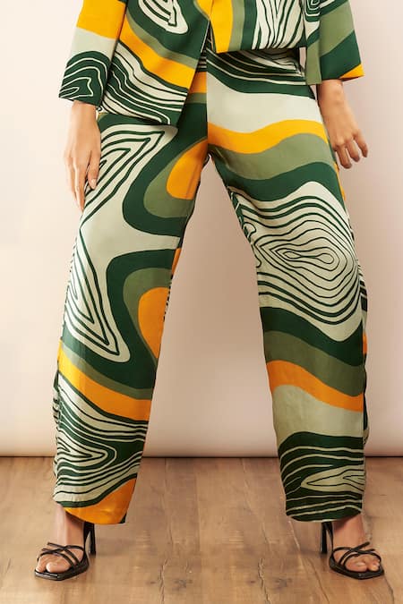 Babita Malkani_Green Silk Satin Swirl Print Pant _Online_at_Aza_Fashions